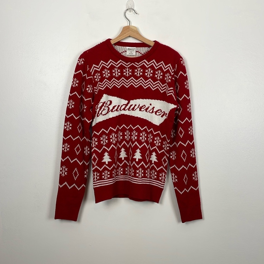 Budweiser Sweater Mens Small Long Sleeve Pullover Snowflake design Knit Sweater